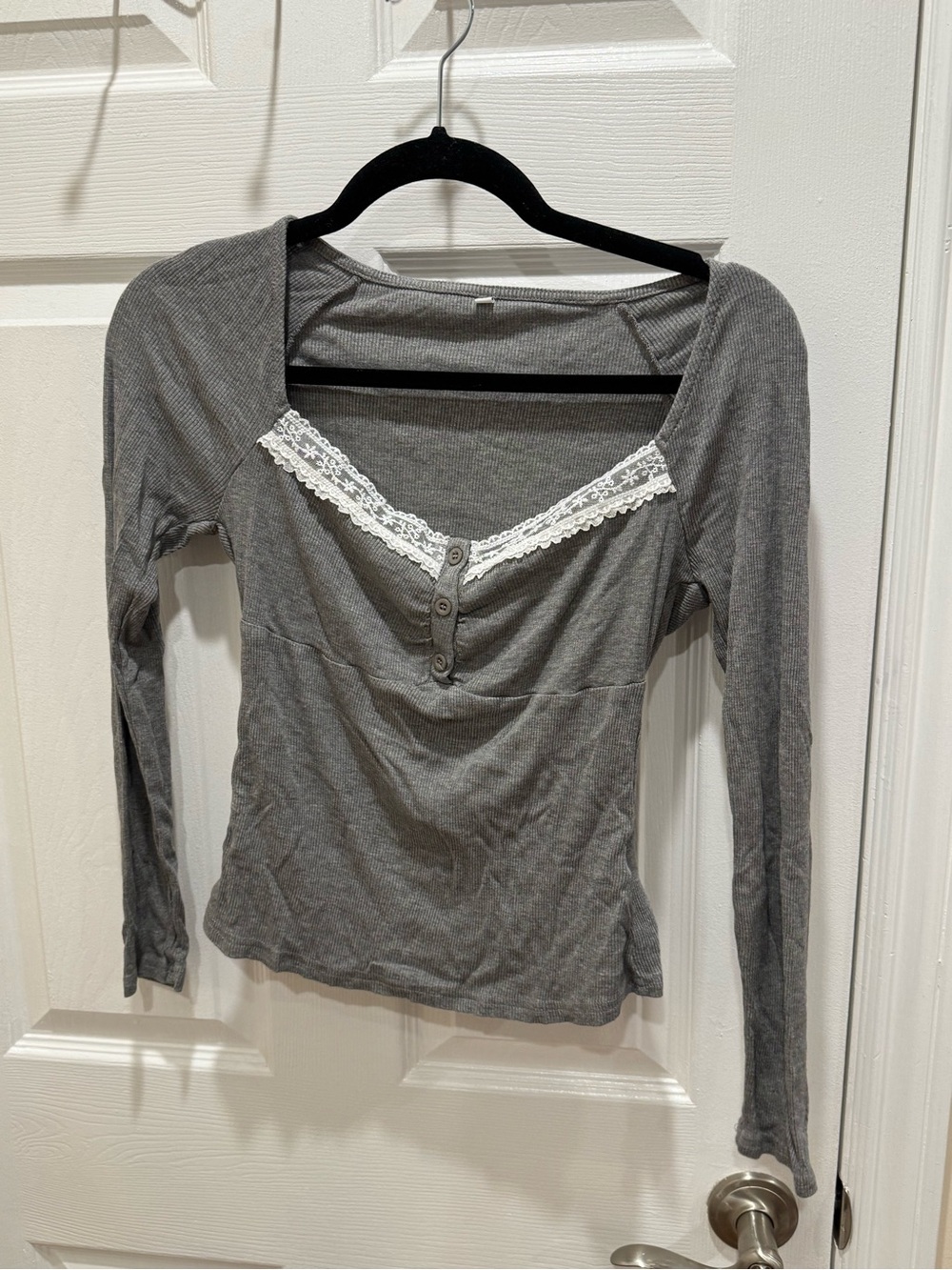 SHEIN Women's Gray Lace-Trim Long Sleeve Henley Top